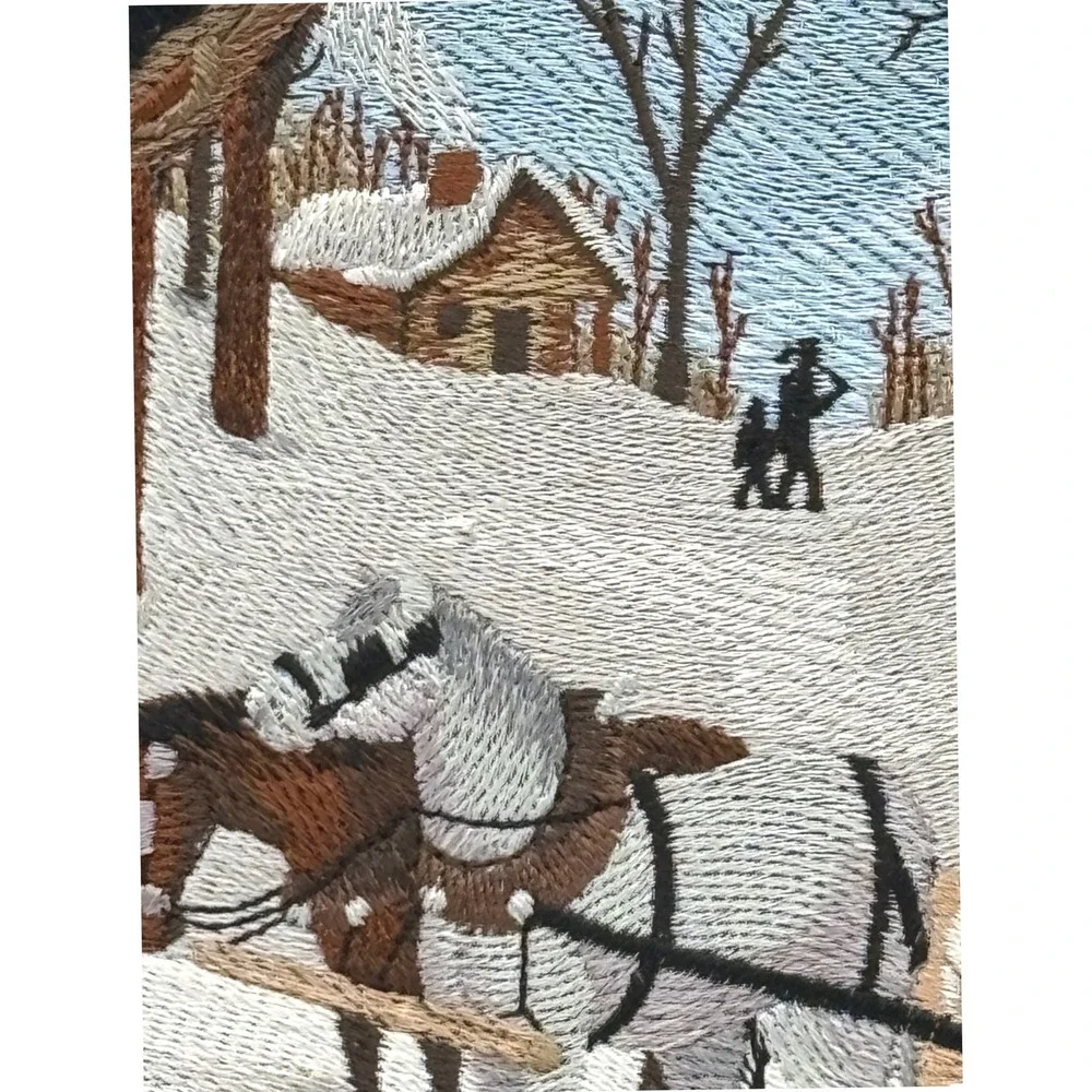Rustic Framed Needlepoint Art Winter Scene Horses Sleigh‎ Cabin Wall Decor Xmas